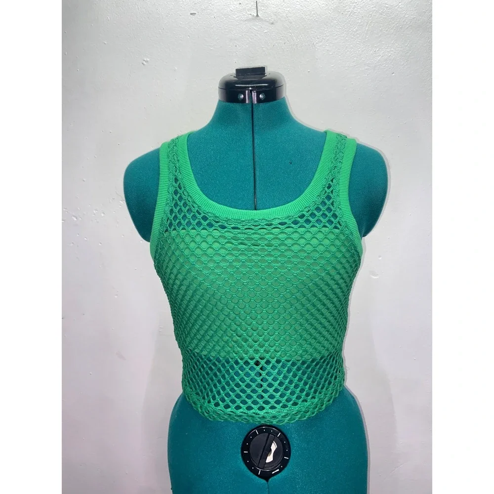 Green Fishnet Mesh Crop Top Tank and Bandeau Two Piece Set Sheer Festival Rave S